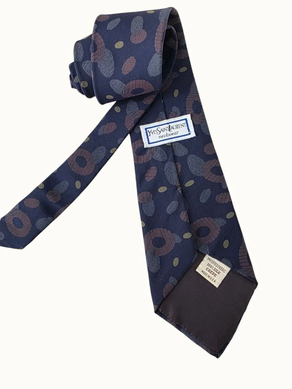 YSL Vintage 90s Tie Blu-Gray Brown Abstract Spot Pebble Silk Necktie 3.5”